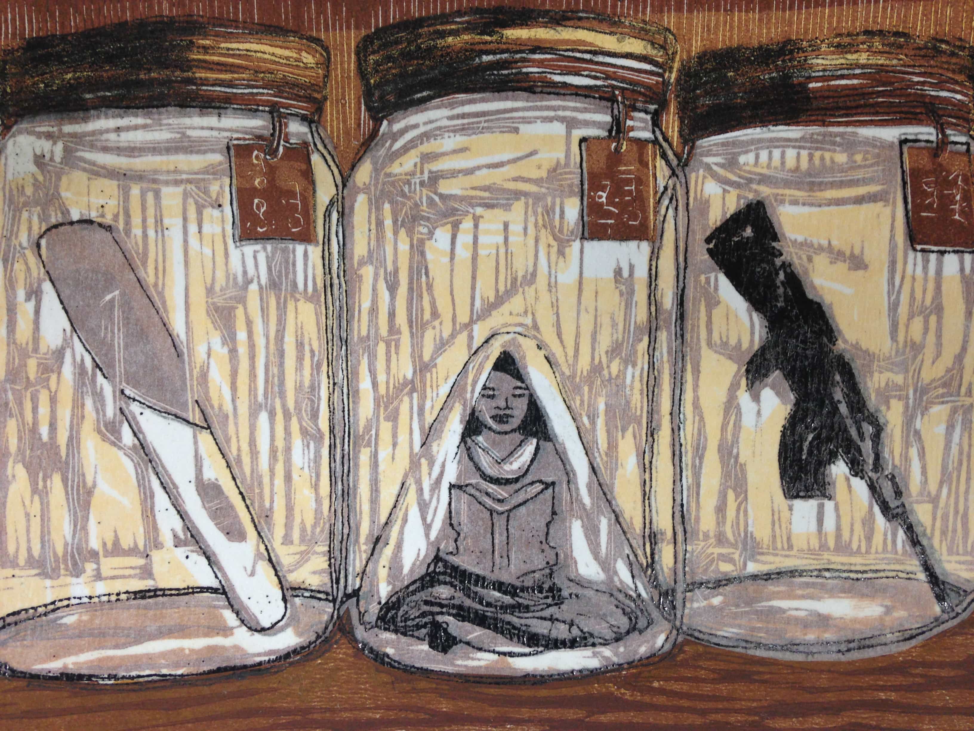 Three jars containing a gun, a girl, reading, and a pregancy test